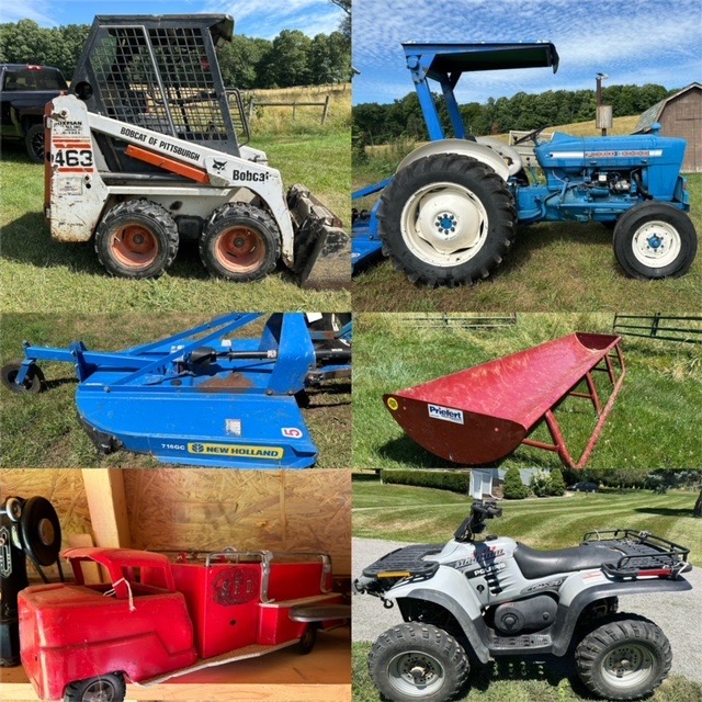 Ford 3000, Bobcat Skid Loader, ATV, Brush Hog, Tools